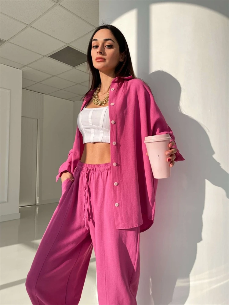 

100% Cotton Casual Green Suit for Women with Wide Trousers Shirt Oversize 2 Piece Sets Womens Outfits Pants and Top Tracksuit