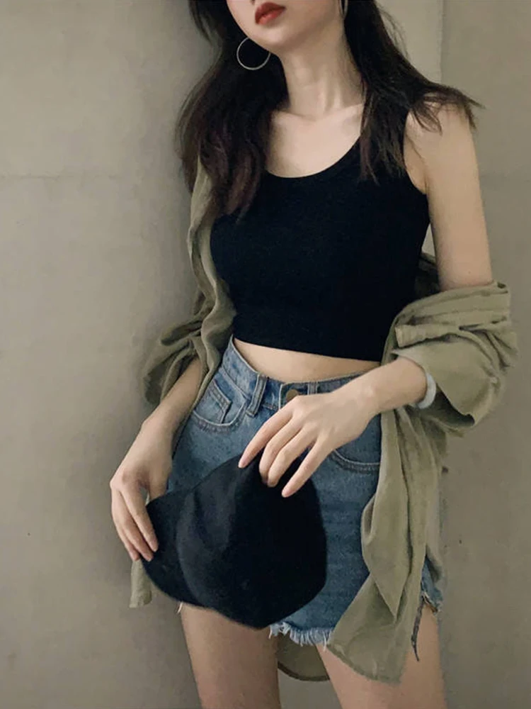 

Кроп-Топ женский эластичный, повседневный эластичный Топ, модная базовая летняя майка, черно-белая одежда