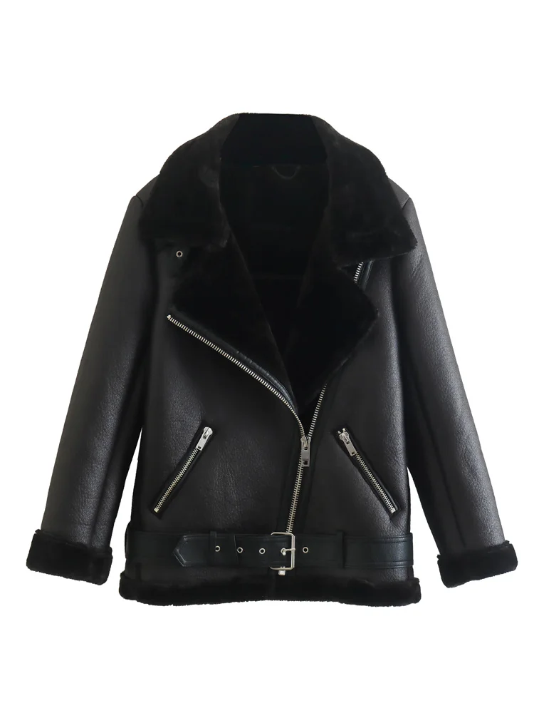 

Jackets For Women 2022 Winter Lapel Collar Faux Leather Jacket With Faux Fur Lining Zip Up Black Moto Biker Jacket With Belt