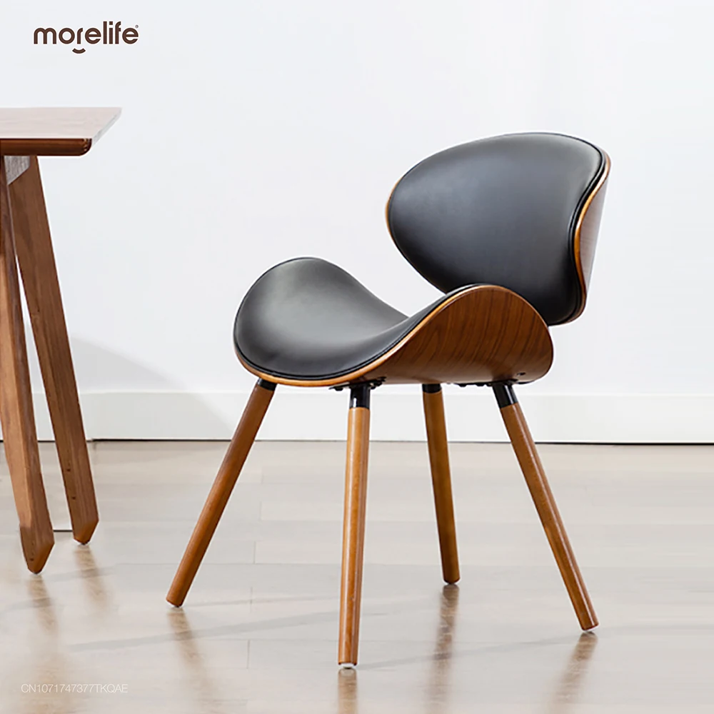 

European Modern Simple Luxury Chair Back Beetle Shape Small Family Space Saving Practical Solid Wood Leather Dining Chair