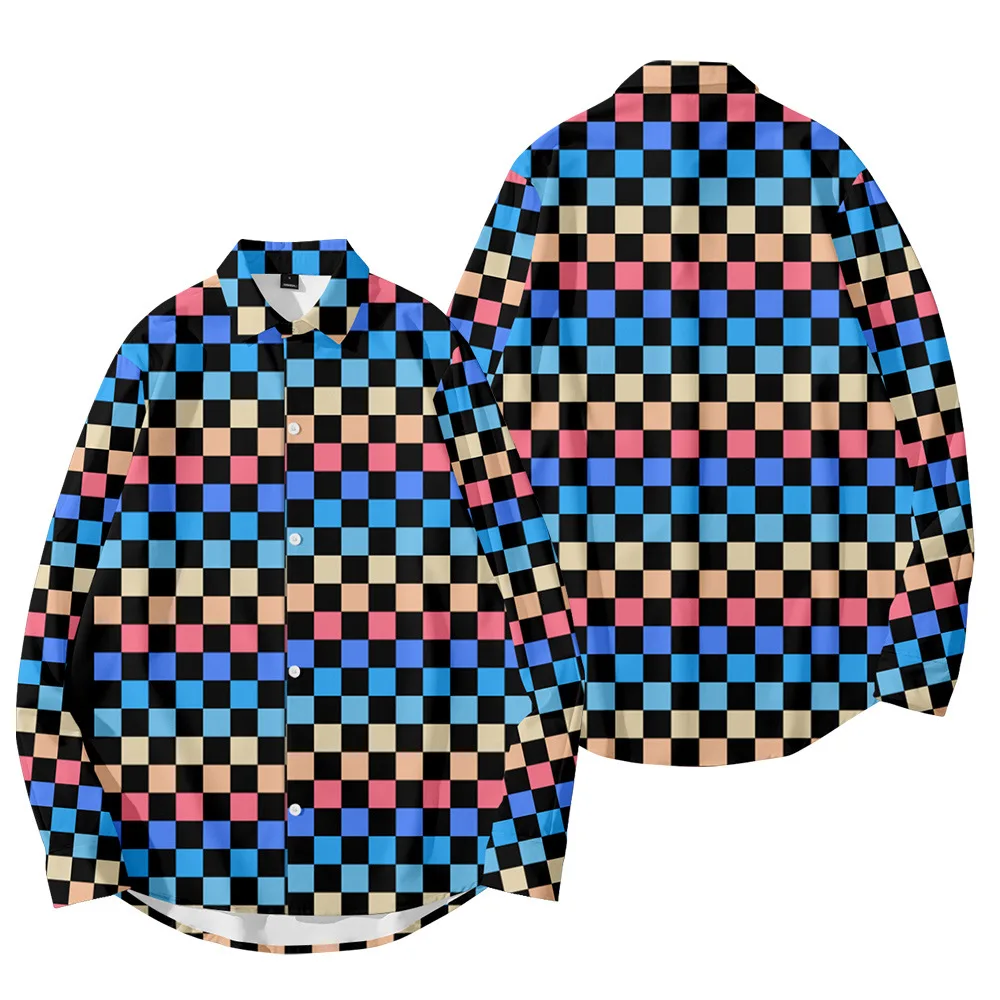 

Men's Harajuku Fashion Y2K Hombre Spring And Summer T-Shirt Color Grid 3D Print Comfortable Casual Long-Sleeved Shirt