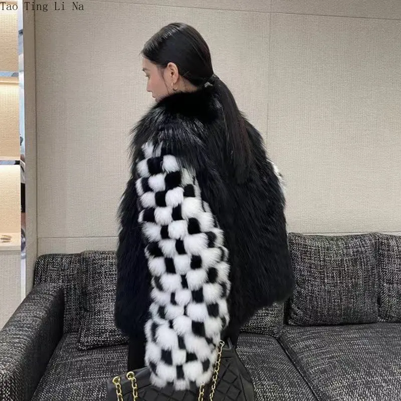 2023 Women New Young High-end Red Genuine Fox Fur Coat Checkerboard Real Fox Coat Female Young Model H11 enlarge