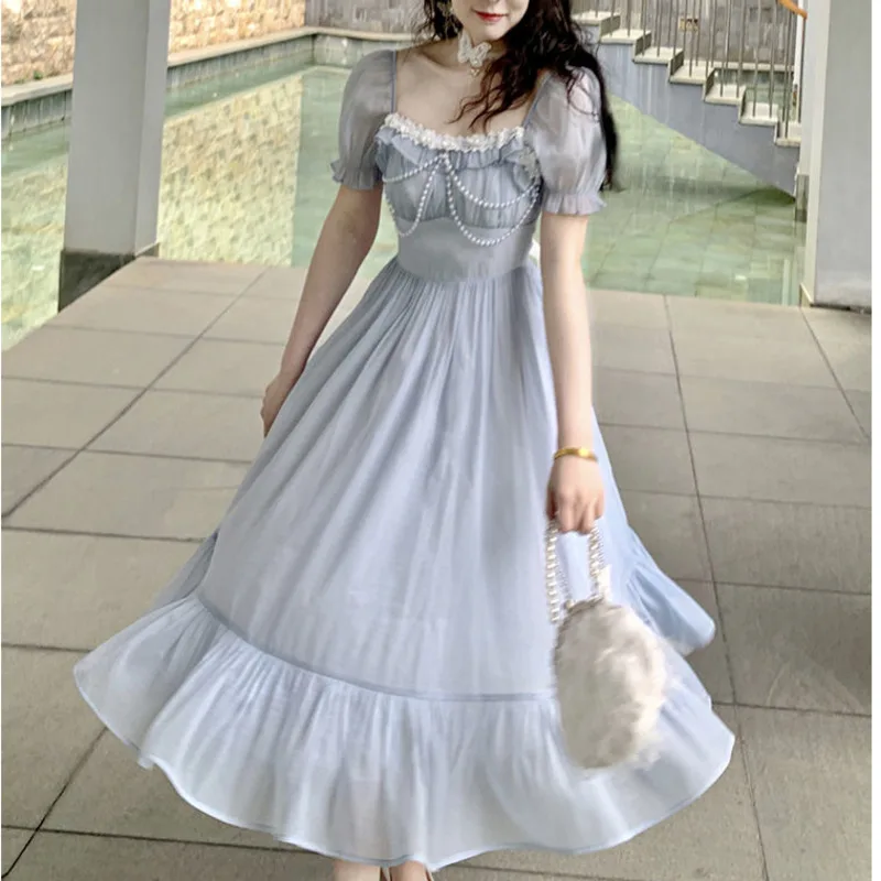 

Женское шифоновое вечернее платье, элегантное праздничное платье миди сказочного синего цвета с коротким рукавом в Корейском стиле, лето ...