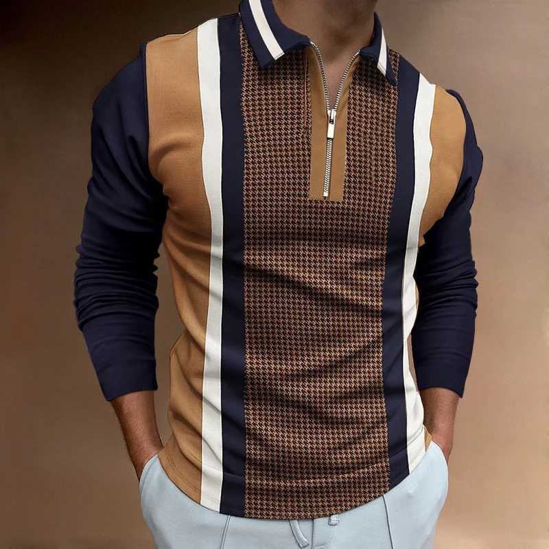 

Spring and Autumn 2023 modern plaid casual long sleeve Polo shirt men's patchwork printed lapel zipper design top S-3XL