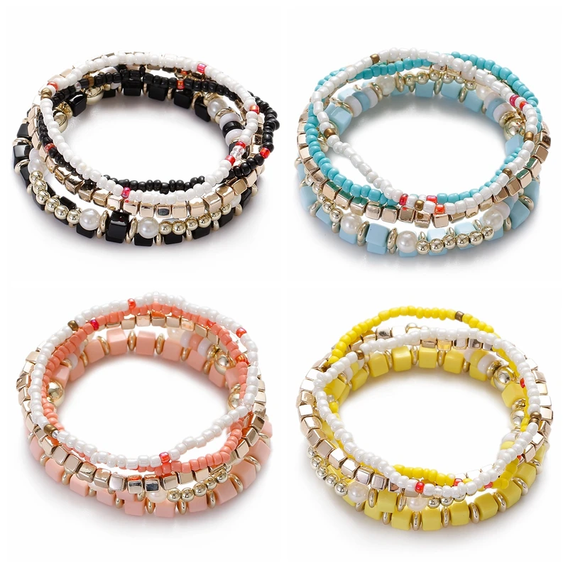 

Bohemian Yellow Beads Bracelet Set For Women Summer Pink Beaded Bangle Girls Boho Jewelry Accessories