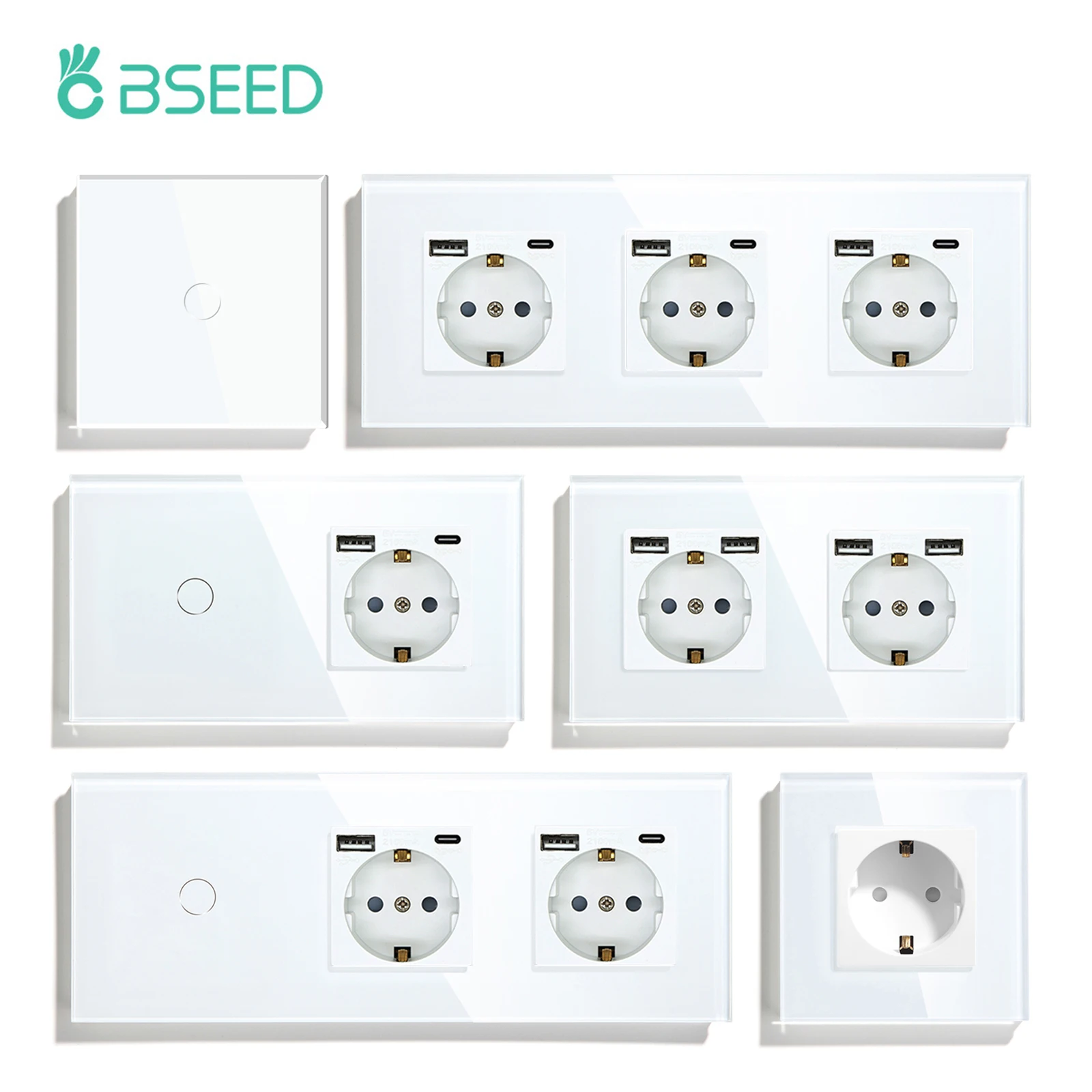 

BSEED EU Standard USB Single Socket Touch Switch 1Gang 1Way White Crystal Sensor Wall Light Switch Power Double Sockets Outlets