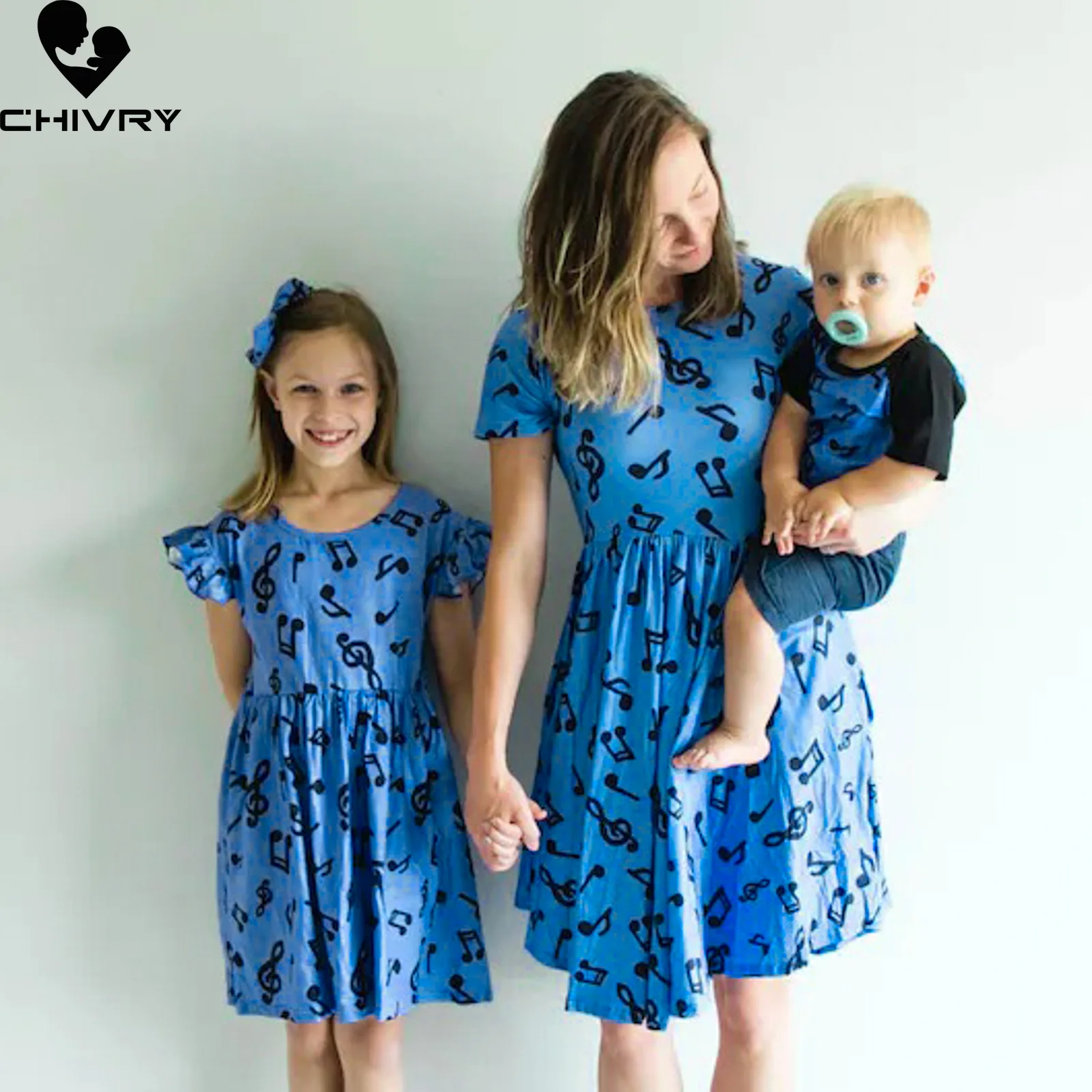 

New Mother Daughter Summer Dresses Short Sleeve O Neck Music Note Print Beach Dress Mom Mommy and Me Family Matching Outfits