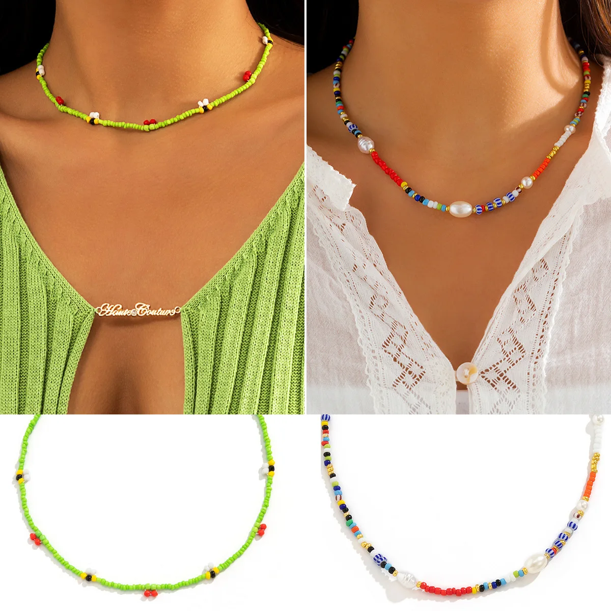 Retro Simple Braided Beaded Bee Clavicle Necklace Womens 2022 Personalized Colorful Imitation Pearl Necklace Girls Fashion Jewe