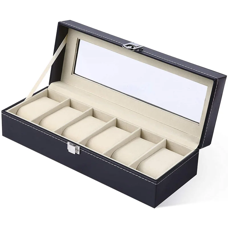 6/10/12/Multi-Slot Solid Wood Black Pu Leather Watch Display Box Single Buckle Watch Display Storage Box