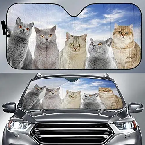 

British Shorthair Cat Team Blue Sky Pattern Cat Lover Car Sunshade, Gift for British Shorthair Cat Mom Car Windshield Auto Visor