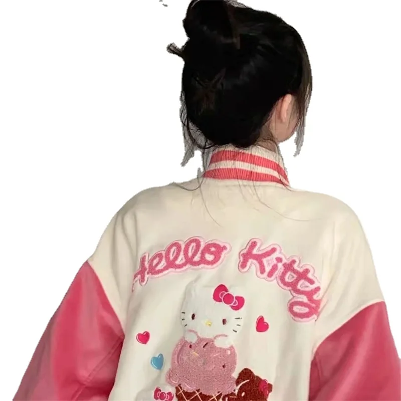

Hello Kitty Baseball Uniform 2022 New Winter Sanrioed Cute Cartoon Print Hit Color Flocking Cream Thick Cotton Jacket Girl Gift