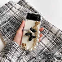 pearl chain phone case for samsung z flip3 folding balloon dog hand chain transparent phone case zflip3 case pearl full coverage