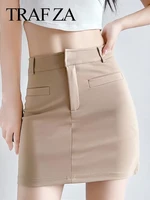 traf za tricolor versatile elegant pocket womens short skirt simple solid color flat slim straight a line ladies miniskirt