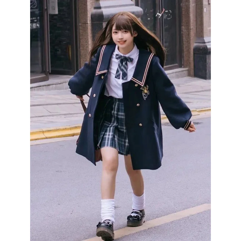 Xgoth двубортное темно-синее пальто весна-осень женское новогоднее твидовое