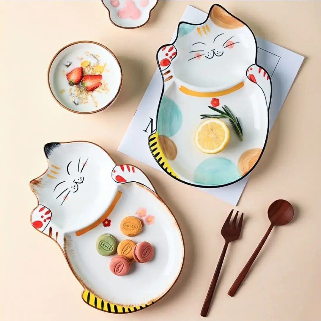 Japanese-style Lucky Cat Pattern Ceramic Plates Creative Dinner Tableware Cartoon Plate Sets Kitchen Lovely Dishes Porcelain NEW