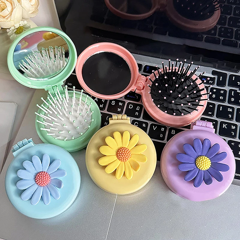 Расческа массажная Складная с зеркалом милая цветная Массажная маргариткой