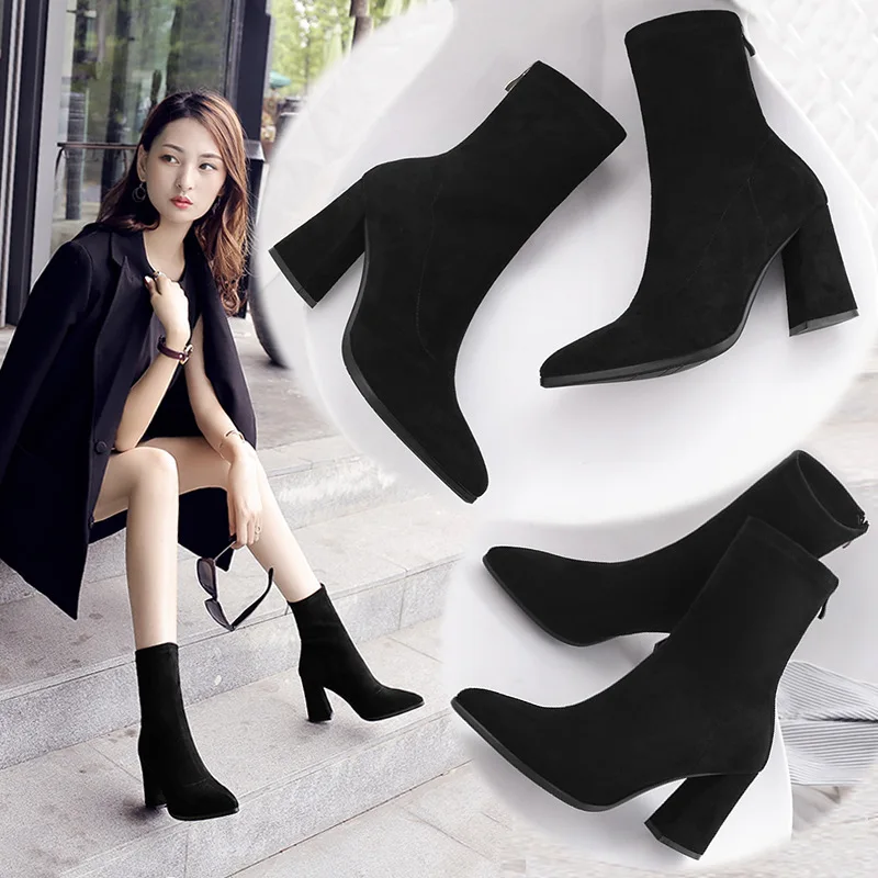 

Ankle Chunky High Heel Sock Chelsea Boots Women Autumn Fashion Pointed Frosted Suede Short Boots Female Pumps Sexy Warm Boots