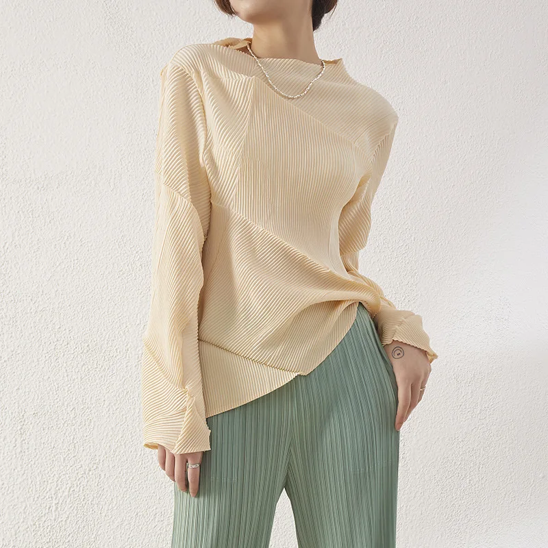 

Плиссированные Топы Miyake с геометрическим рисунком руки, новинка весны 2023, дизайнерская Асимметричная Свободная Повседневная футболка с дл...