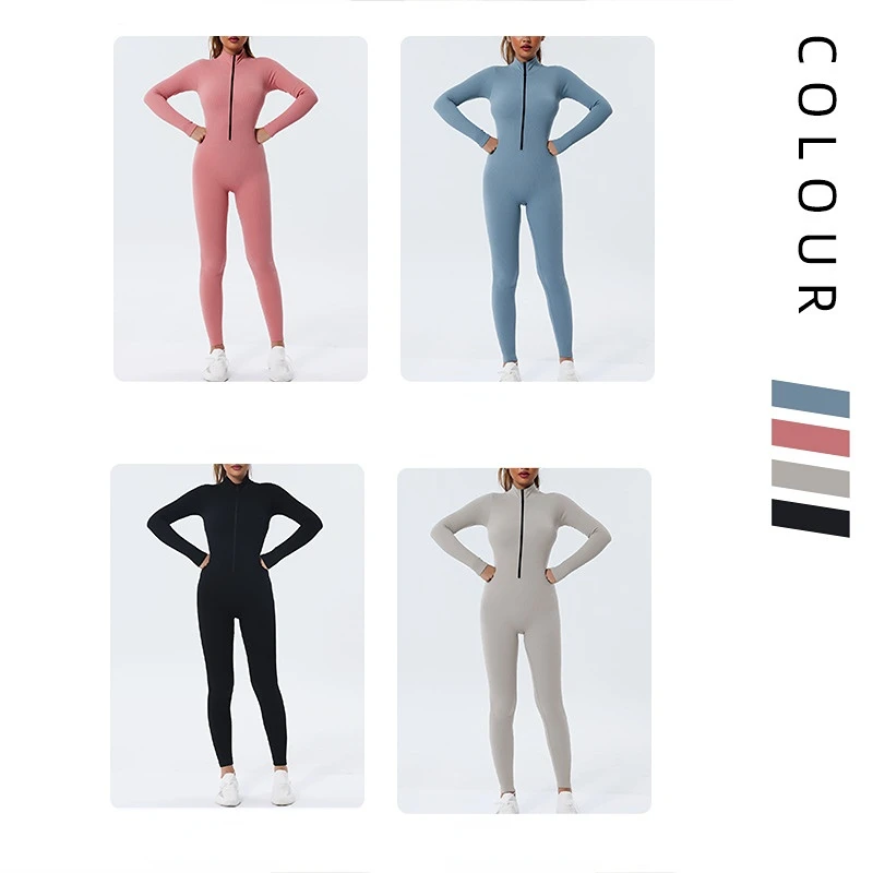 Seamless Zipper Yoga Jumpsuits Sports Fitness Hip-lifing Long-sleeved Jumpsuit Dance Bodybuilding Workout  Gym Clothes for Women