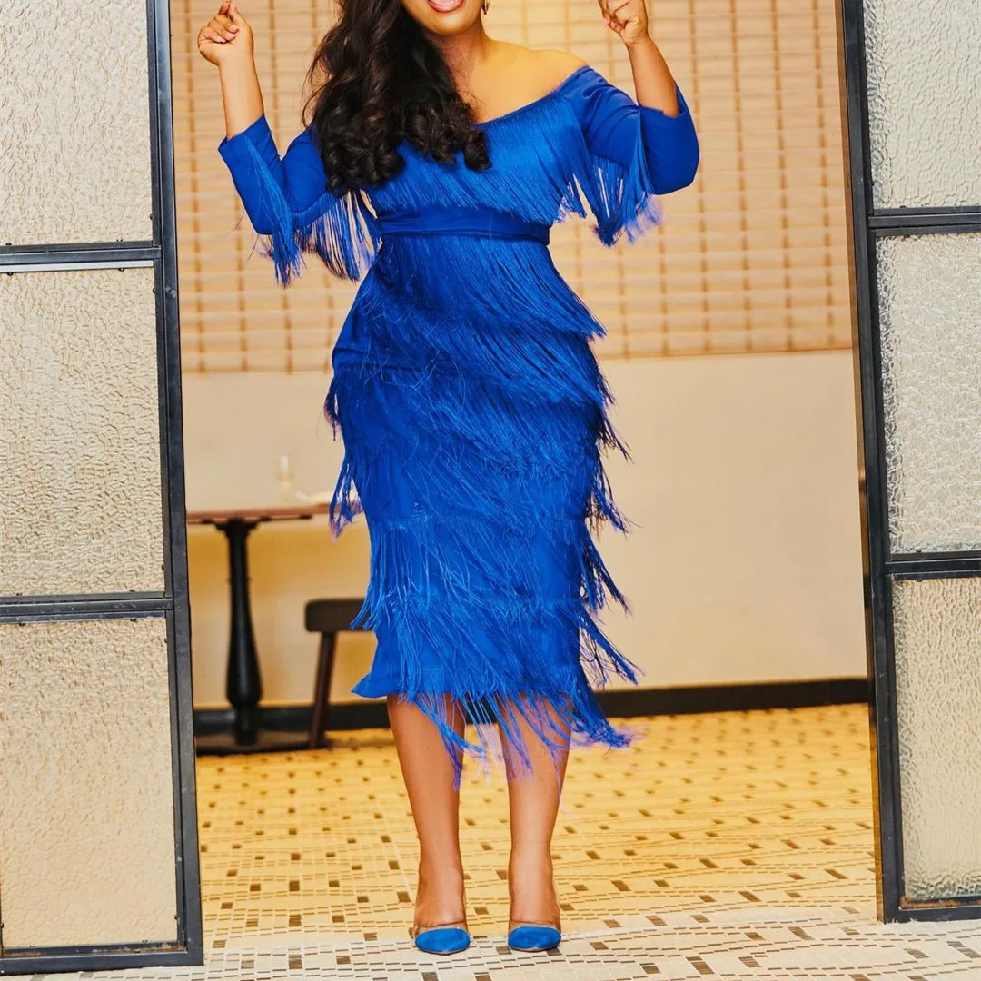 

Роскошное коктейльное платье с бахромой Королевского синего цвета, прямое короткое платье для выпускного вечера с длинным рукавом, Платье До Колена, новинка 2022, Стильное женское платье Вечерние