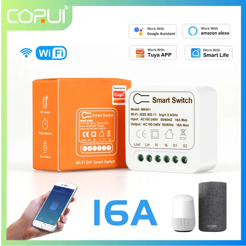 

CORUI Tuya WiFi 16A Mini Smart Switch Wireless Supporte 2-Gang Control Timer Switches Smart Home Automation Alexa Google Home