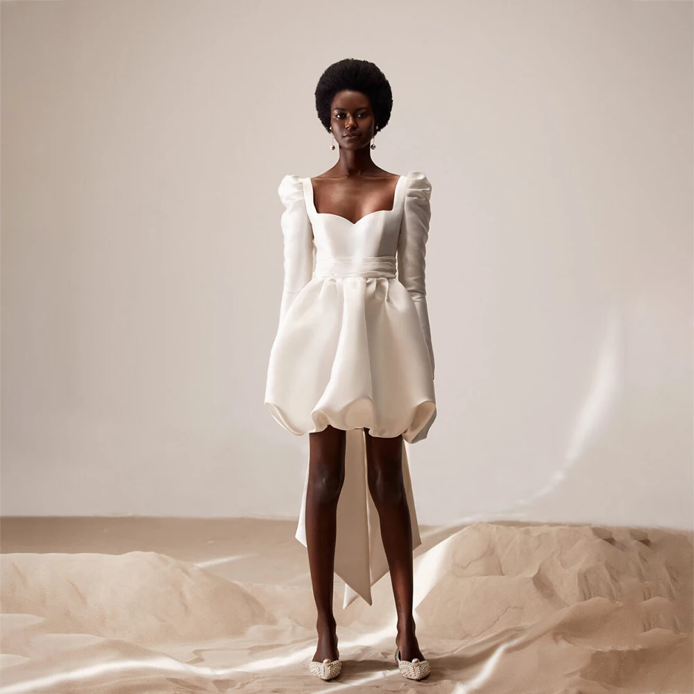 

UETEEY Smiple A-Line Wedding Dress Square Collar Long Puffy Sleeves Buttons Bow Bride Gowns 2022 Modern Mini Vestido De Noiva