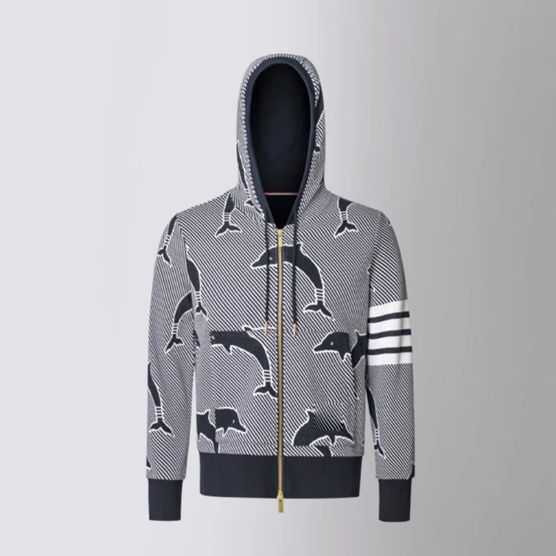 TB Thom Men's Sweatshirts Casual Collar Drawstring Long Sleeve Hoodies Whale Print Design Cargigan Coats Hooded Swearshirt