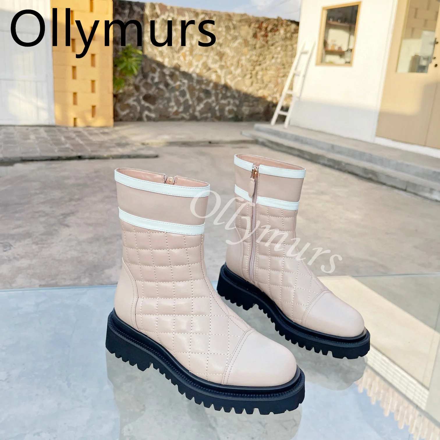 

Shoes Women Genuine Leather Beige Ankle Zip Back Boots Heels Runway Ankle Warm Fur Boots Autumn Flats Luxury Designer