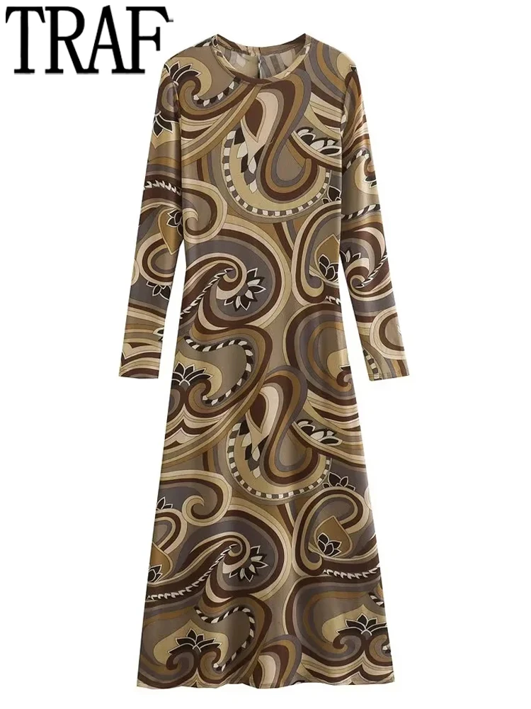 

TRAF Boho Long Dress Women Print Midi Dresses for Women 2022 Autumn Vintage Evening Dresses Woman Long Sleeve Female Party Dress