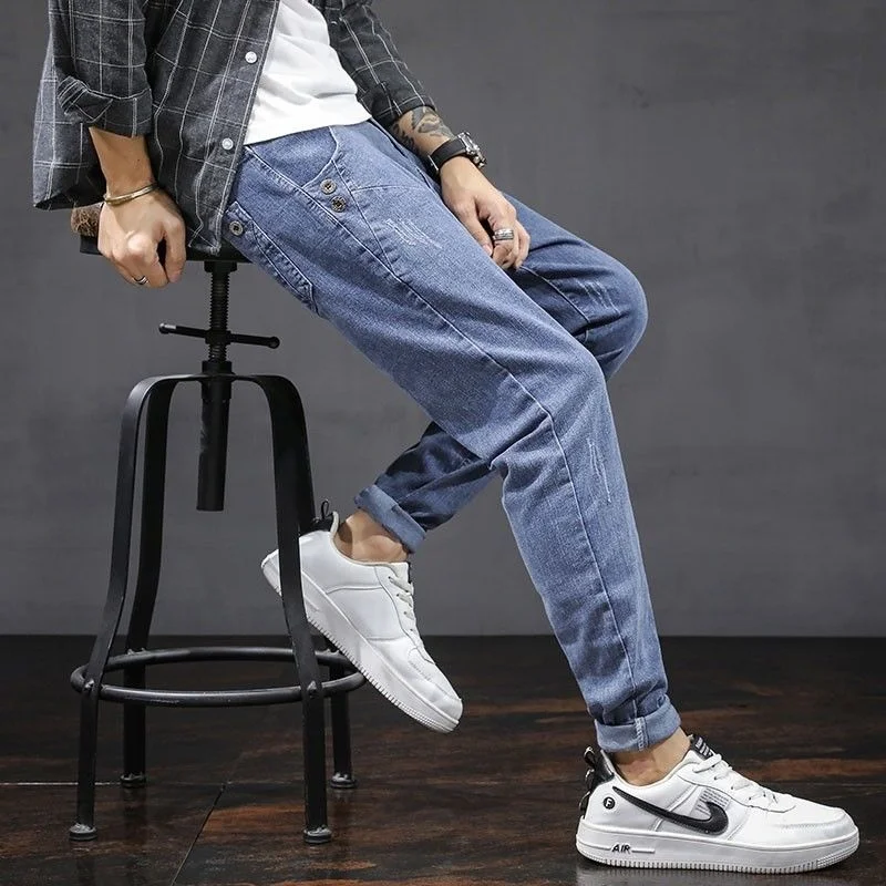 Джинсы мужские узкие джинсовые модные брюки в Корейском стиле для отдыха с