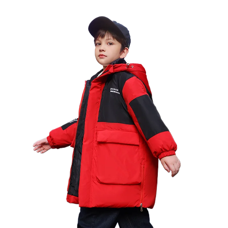 

Winter Boys Children 90 White Duck Coats Kids Hooded Warm Outerwear with Pocket Contrast Color Thickened Jackets 4 To 12 Years