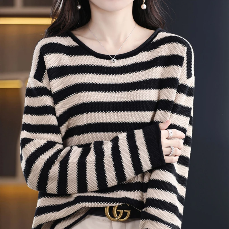 

Loose Vintage Women's Sweaters Korean FASHION Stripes Jumpers Autumn/Winter Clothing Long Sleeve Knitwear O-Necks Women Pullover