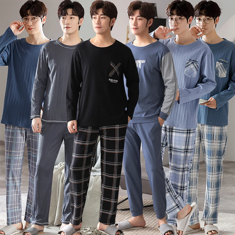 Plus Size Long Sleeve Cotton Pajama Set for Men 2022 Autumn Korean Loose Sleepwear Suit Pyjama Male Lounge Homewear Home Clothes