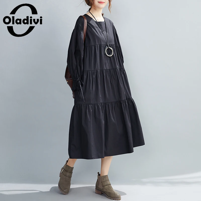 

Oladivi 2022 Autumn New Long Sleeve Cotton Dress Oversized Women Clothing Fashion Ladies Casual Loose Dresses Robe Vestidios 309