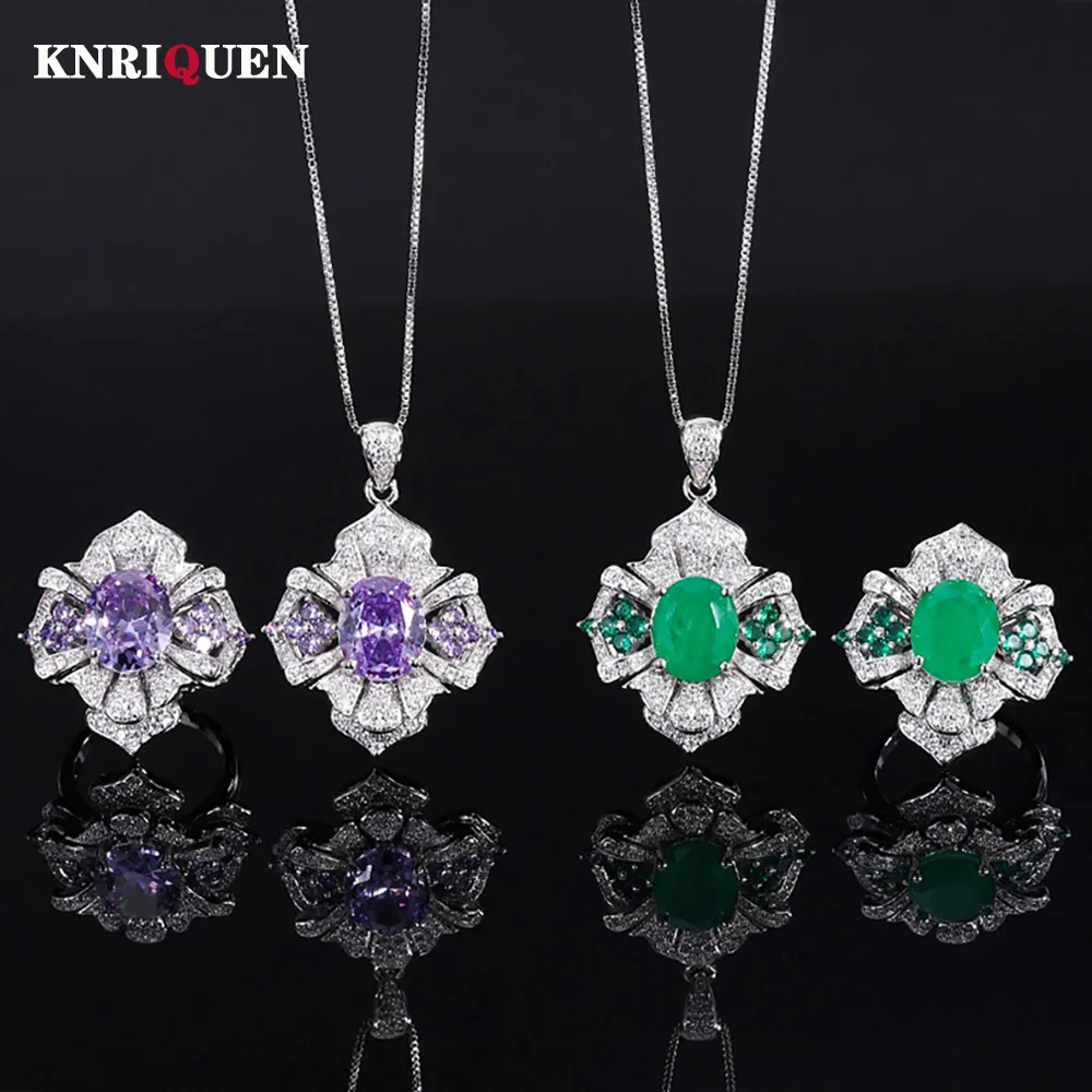 

Trend 9.5*12mm Emerald Amethyst Women Wedding Party Fine Jewelry Set Lab Diamond Pendant Necklace Rings Vintage Accessories Gift