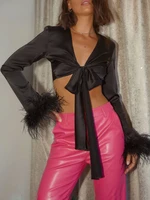 y2k black crop tops women 2022 fashion feathers lace up satin shirt mujer spring y2k sexy v neck camisole top