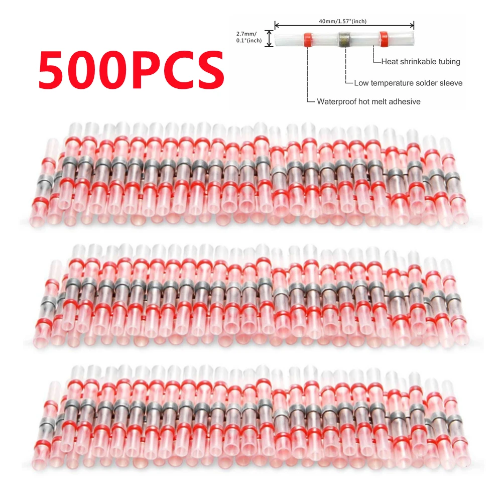 

500/100PCS Waterproof Solder Seal Sleeve Splice Terminals Tinned Copper Heat Shrink Electrical Wire Butt Connectors AWG22-18 Red