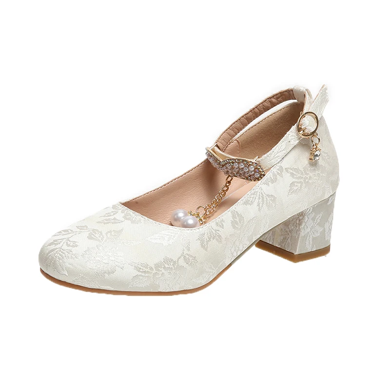 Женские туфли-лодочки с жемчугом розовые или бежевые туфли в китайском стиле
