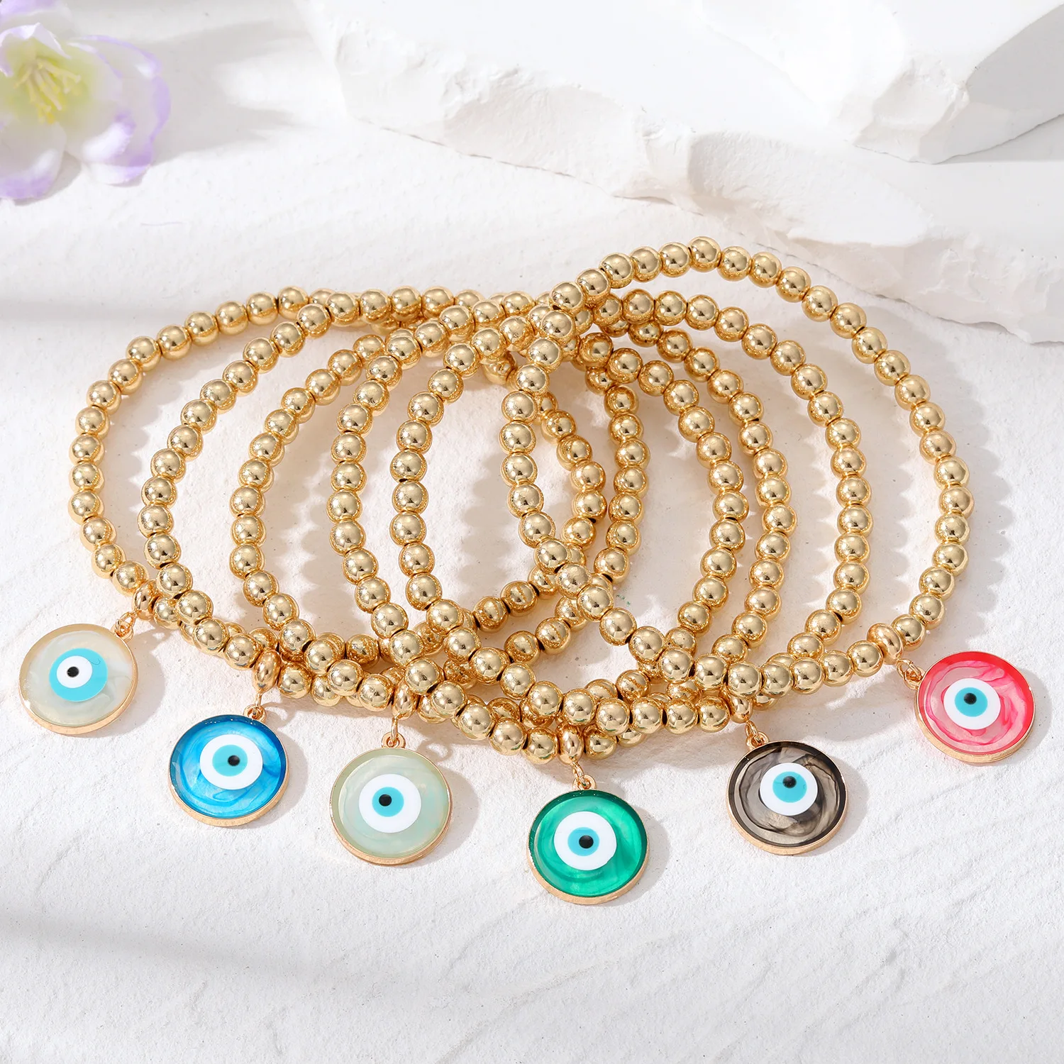 

15PCS Turkish Evil Eye Beads Bracelet For Women Round Lucky Blue Eye Stretch Elastic Bracelets Party Jewelry