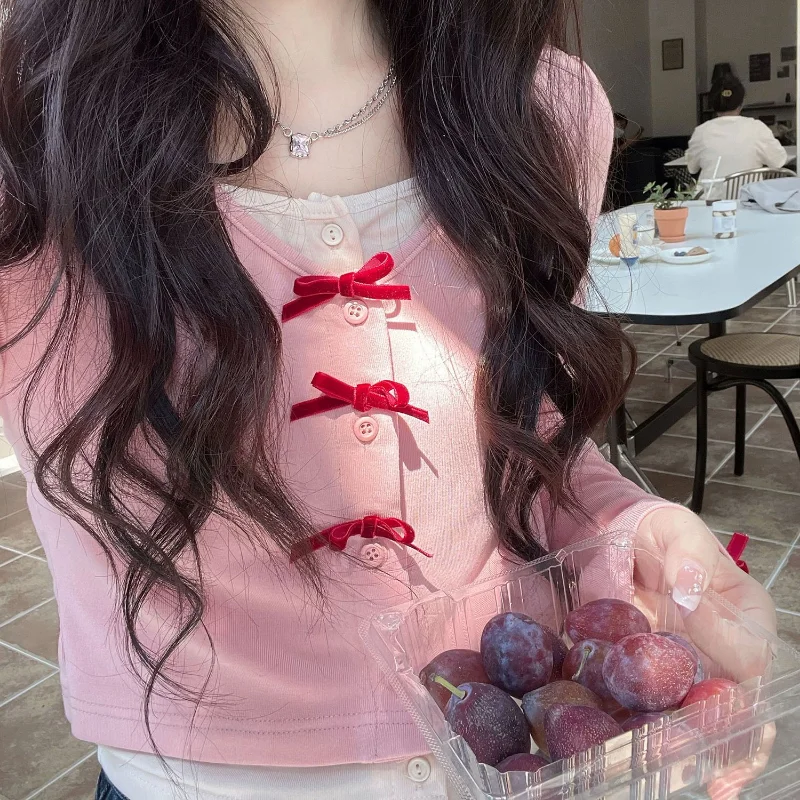 

Весенняя Милая милая блузка с бантом в стиле пэчворк с имитацией двух предметов, Женская облегающая розовая Повседневная Блузка в Корейском стиле с длинным рукавом