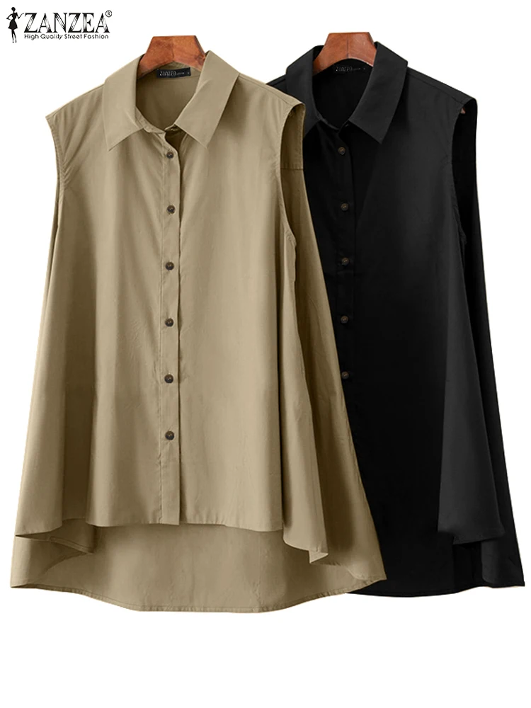 

ZANZEA Fashion Office Lady Blouses Women A-line Oversize Lapel Chemise Summer Sleeveless Button Up High Low Shirts Tank Tops