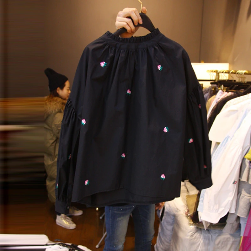 

WDMSNA Корейская новая вышитая Цветочная блузка, женская рубашка с рукавами-фонариками для кукол, свободная повседневная Весенняя блузка с во...