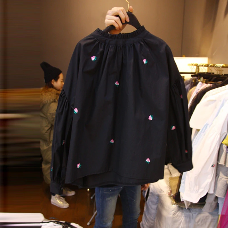 

WDMSNA Korean New Embroidered Flower Blouse Women Lantern Sleeve Doll Ladies Shirt Loose Casual Spring Stand Collar Blusas Mujer