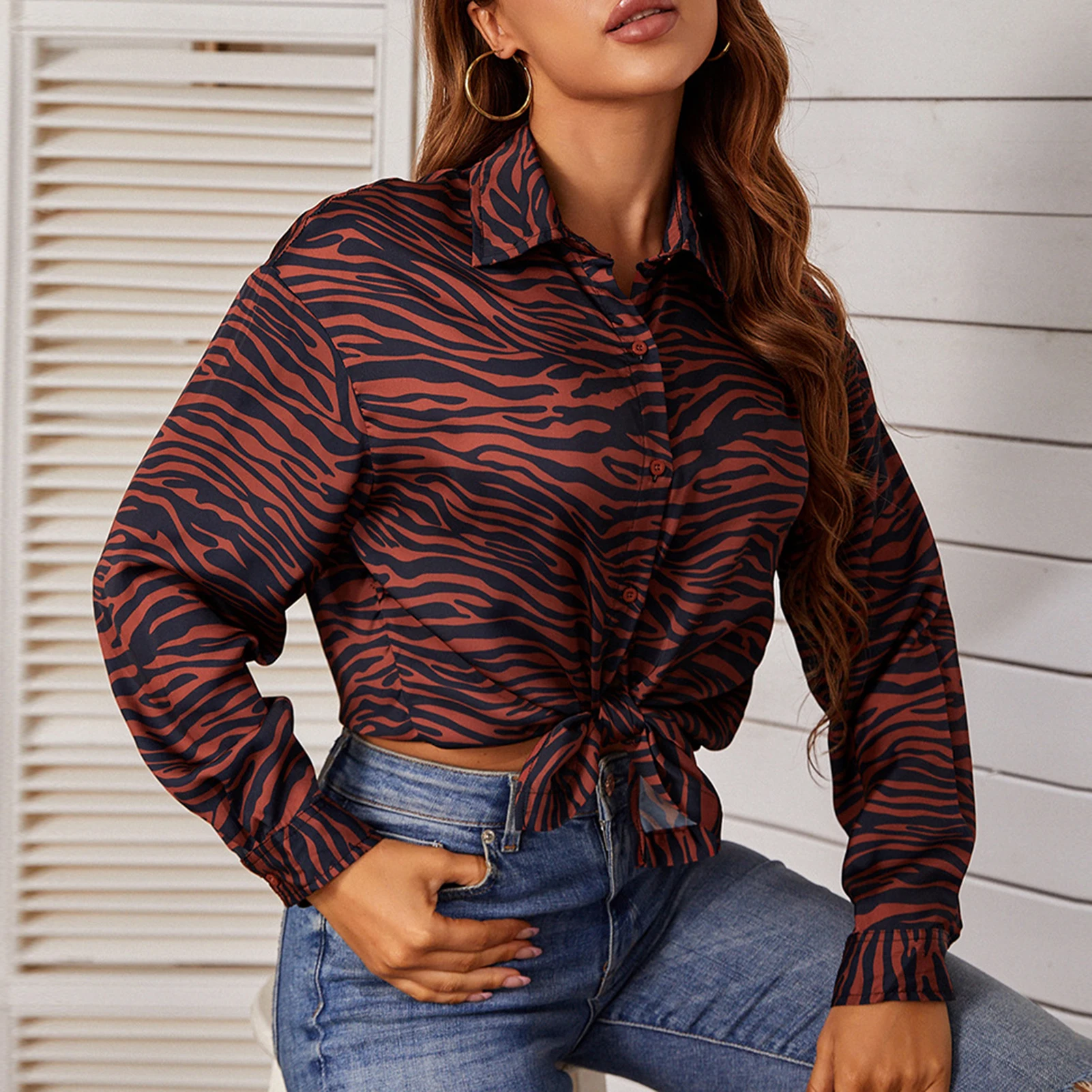 

Women Twist Knot Blouses Chic Stripe Printed Long Sleeve Blouses Elegant Casual Lightweight Trendy Summer Autumn Shirt Tops