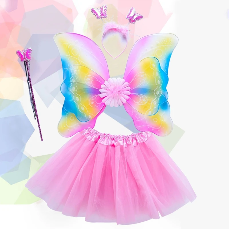 

4Pcs Girls Fairy Costume Set Rainbow Butterfly Wings Three Layers Tulle Tutu Skirt Wand Headband Princess Halloween Party 3-8T