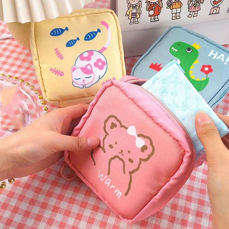 

Women Girls Kawaii Cosmetic Makeup Tampon Bear Napkin Pouch Storage Bag Coin Purse Sanitary Pads Bag Mini Data Cables Organizer