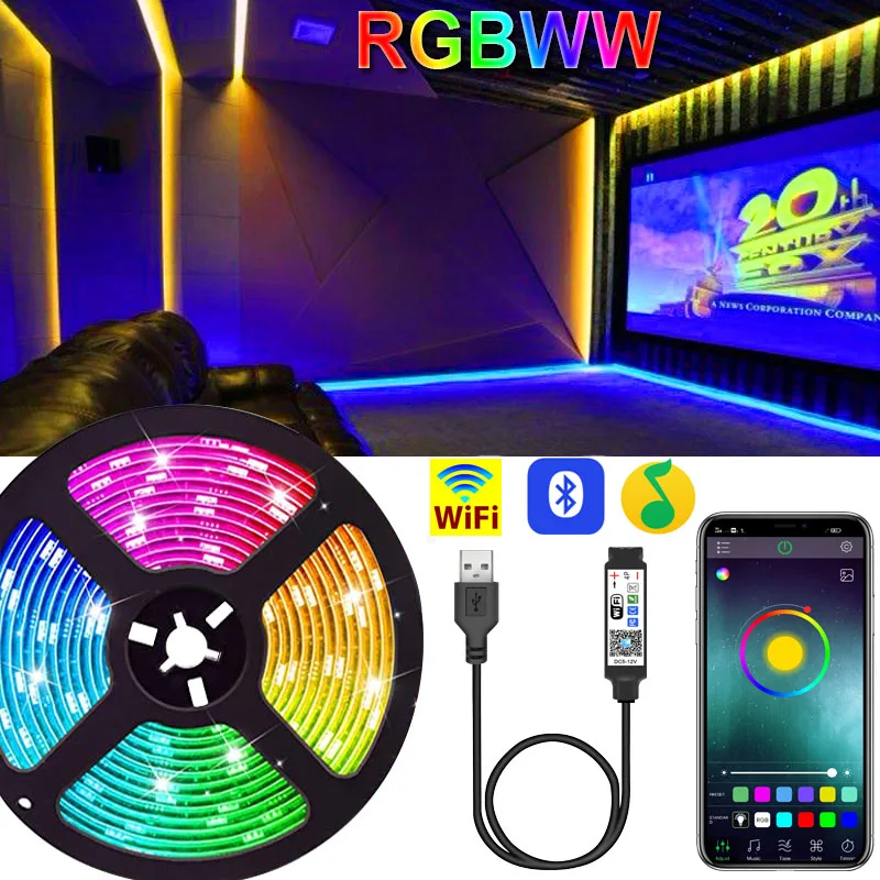 

Светодиодная ленсветильник RGB с USB, Wi-Fi, 5050, Rgbww, 4 в 1, 2835, Bluetooth