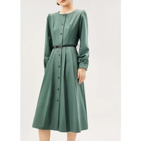 2022 autumn new cotton polyester vintage long dress for women mid calf a line belt o neck springautumn long sleeve