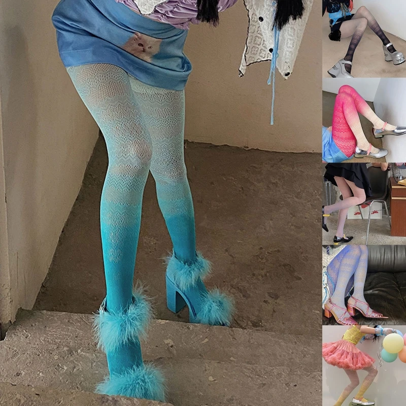 

Women Punk Hollow Lace Pantyhose Crochet Striped Mesh Gradient Tights
