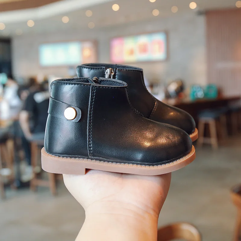 

Boys and Girls Simple Kids Fashion Black School Short Boots Non-Slip 2022 PU Side Zipper Round Head Japanese Style Spring New